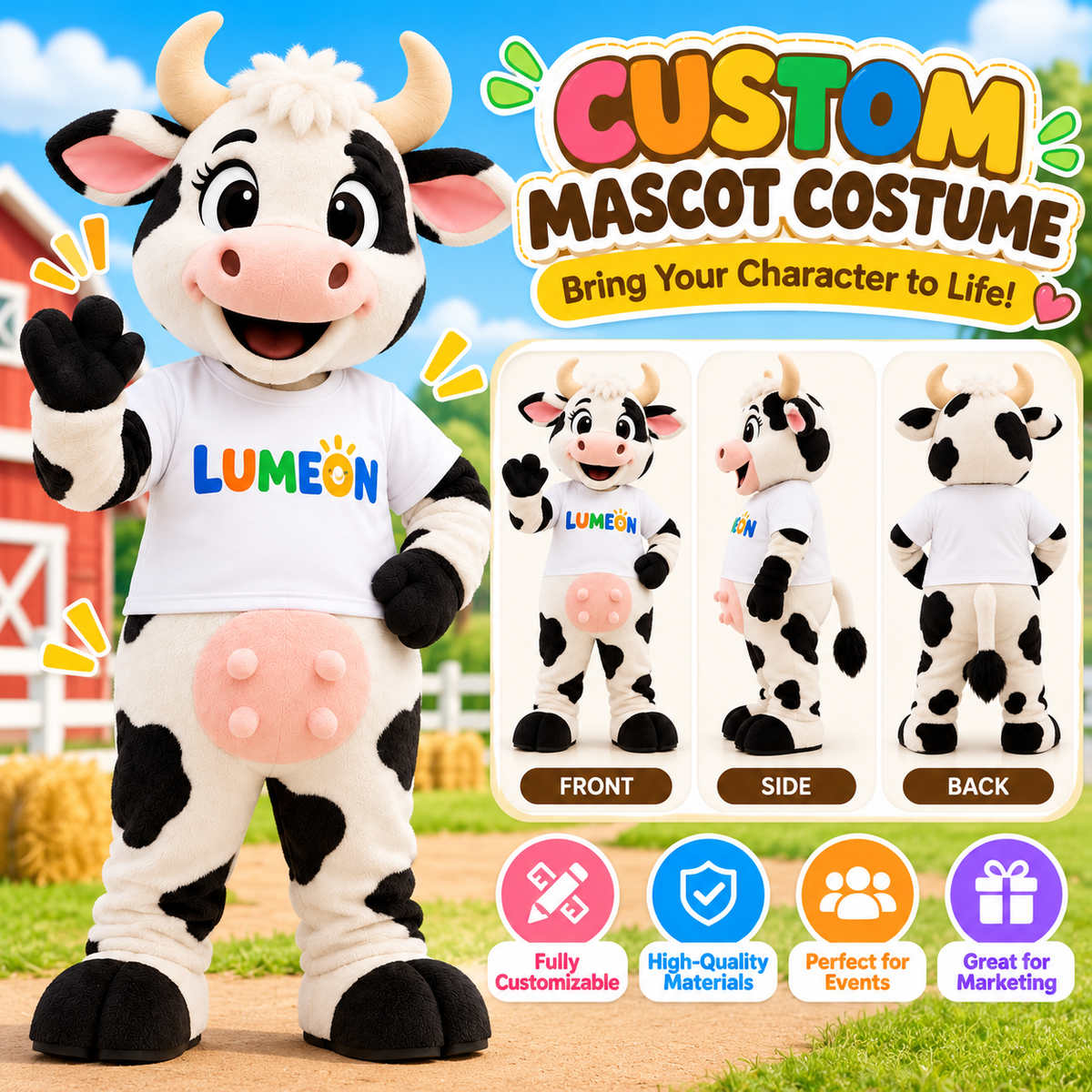 Custom Cow Mascot Costume – Professional Farm Animal Mascot Suit