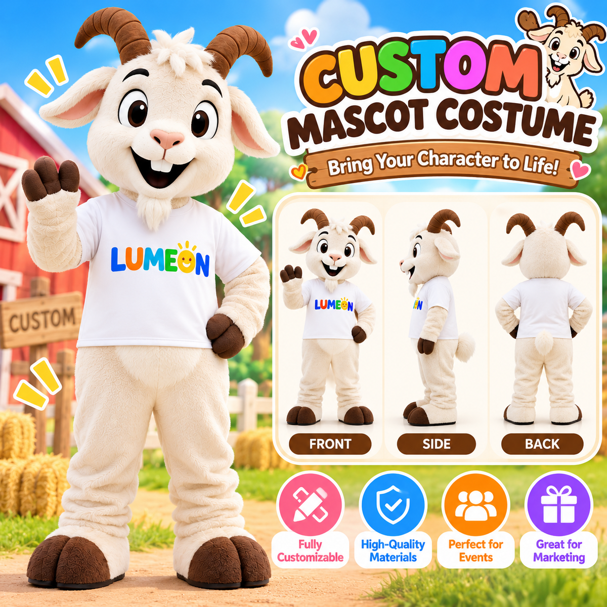 ustom Goat Mascot Costume – Professional Farm Animal Mascot Suit